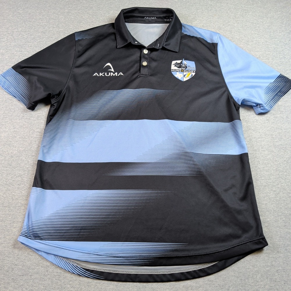 Akuma Austin Huns Rugby Polo Shirt Mens XL Black Blue Striped Short Sleeve